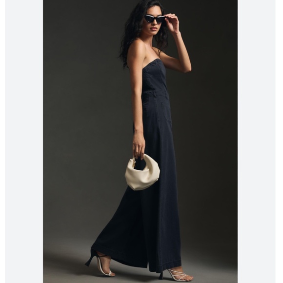 Brand New PILCRO STRAPLESS POLISHED WIDE-LEG DENIM JUMPSUIT - Picture 3 of 13